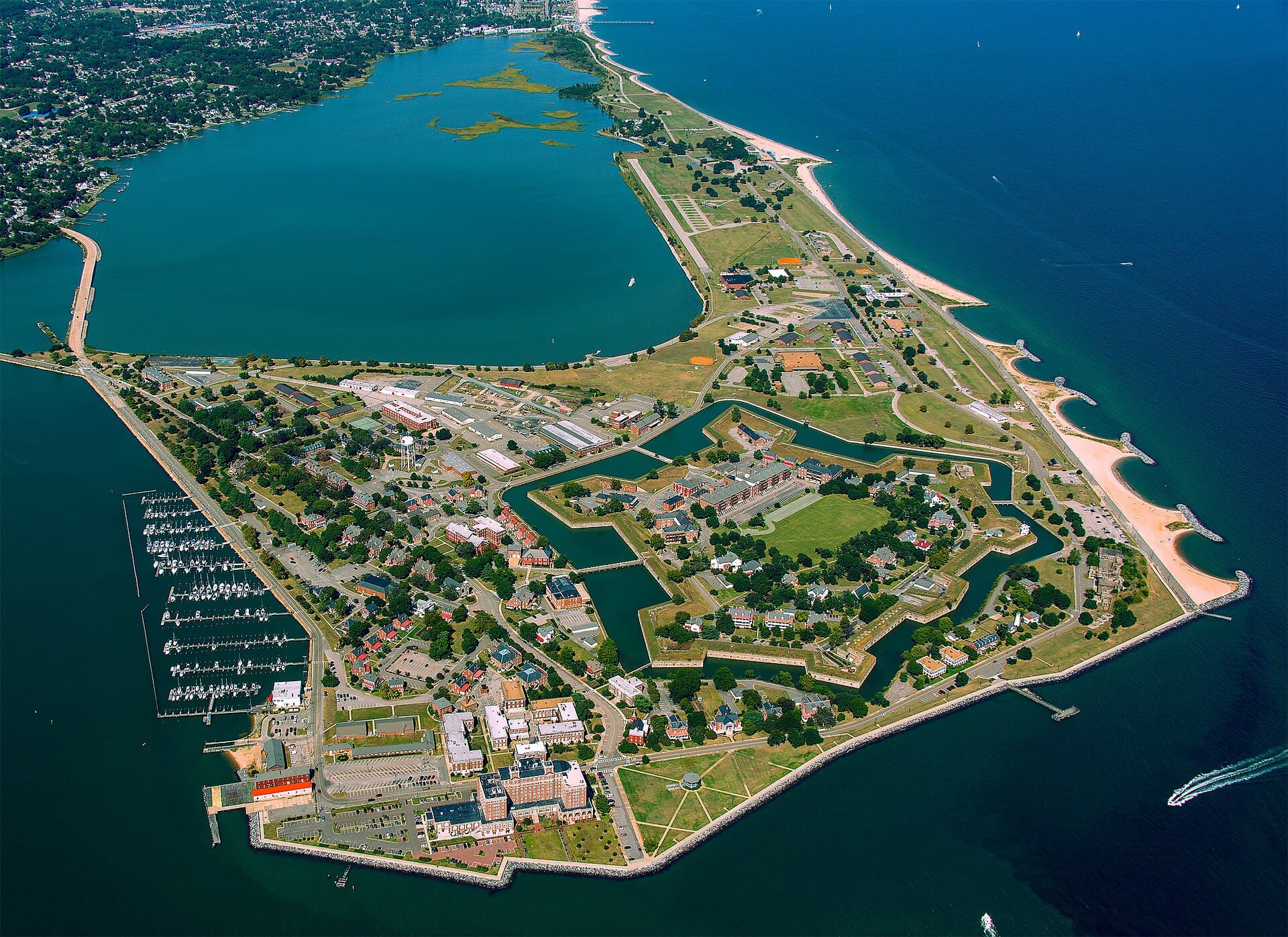 Aerial view of Fort Monroe and Old Point Comfort at the mouth of the Chesapeake Bay