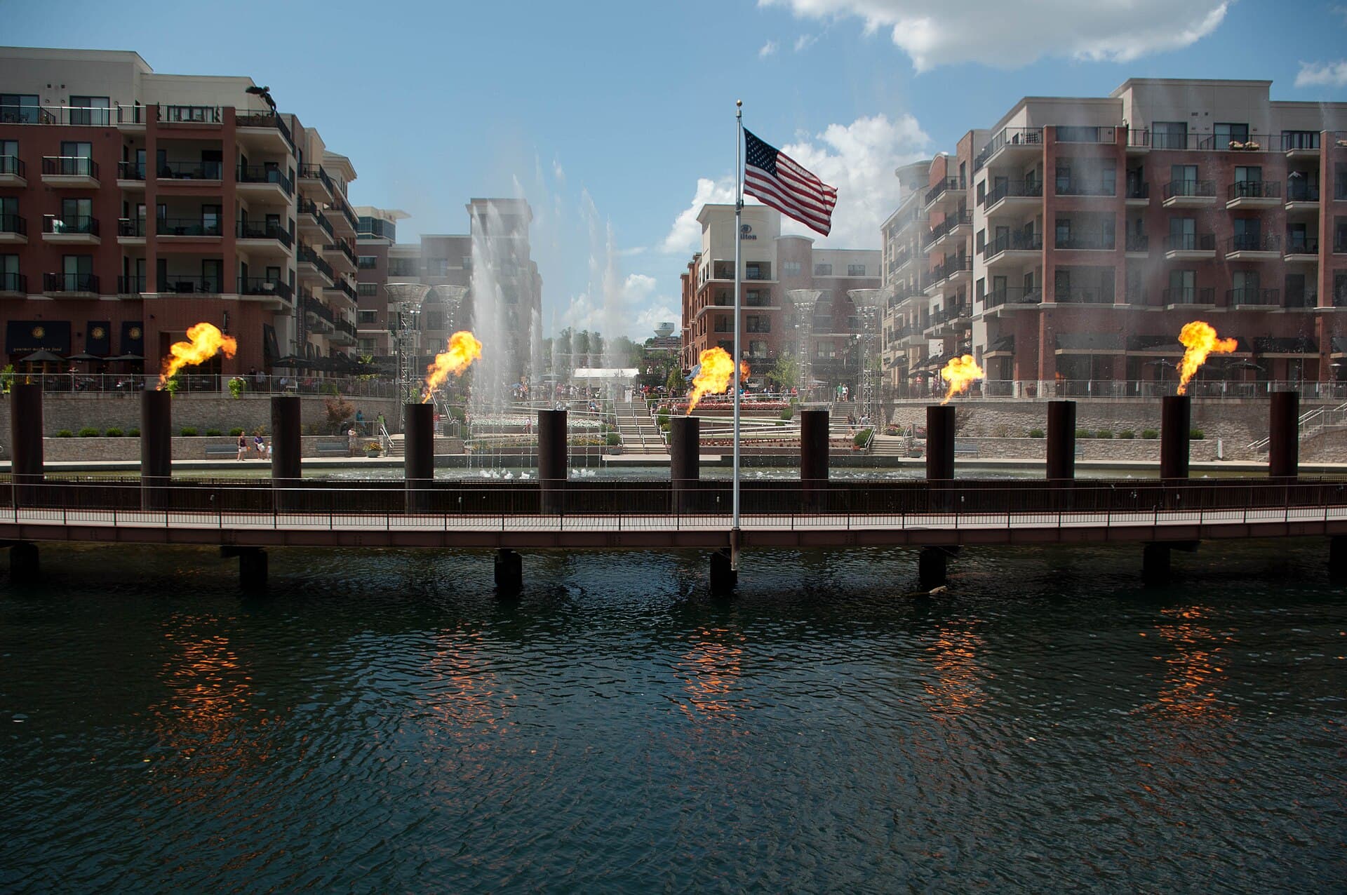 Fire and water fountain show along the Branson Landing waterfront