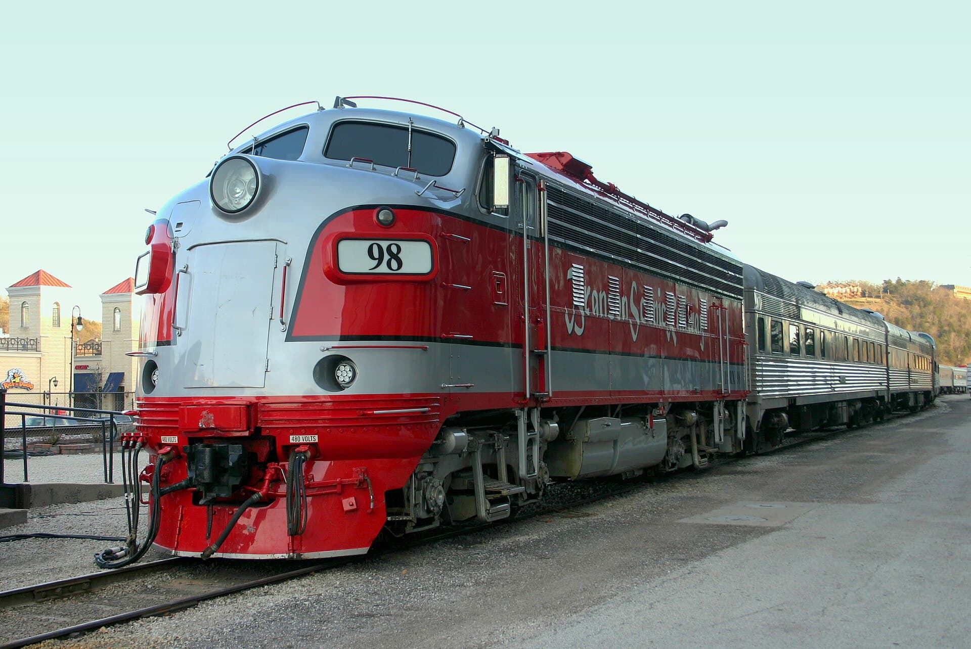 Vintage locomotive of the Branson Scenic Railway at the downtown depot