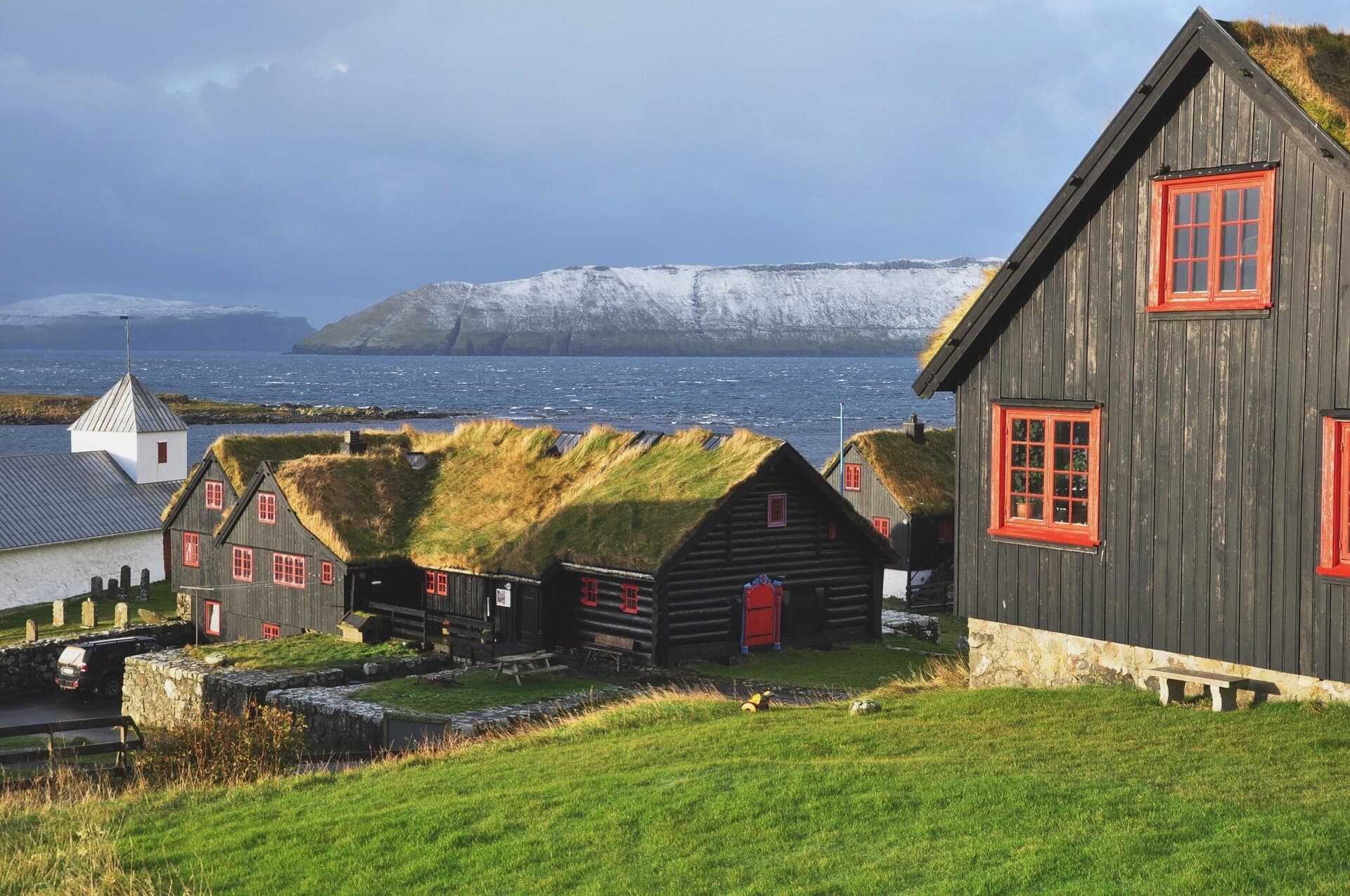 Traditional grass-roofed turf houses in the Faroe Islands
