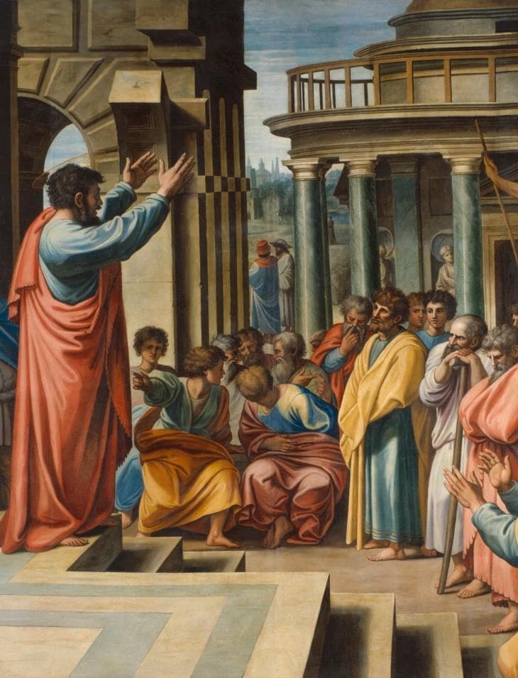 Brochure artwork showing Saint Paul preaching to a gathered audience