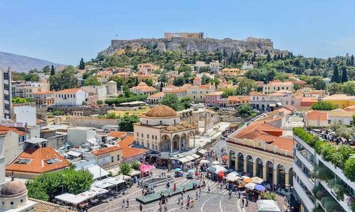 Athens rooftops and Monastiraki with the Acropolis in the distance