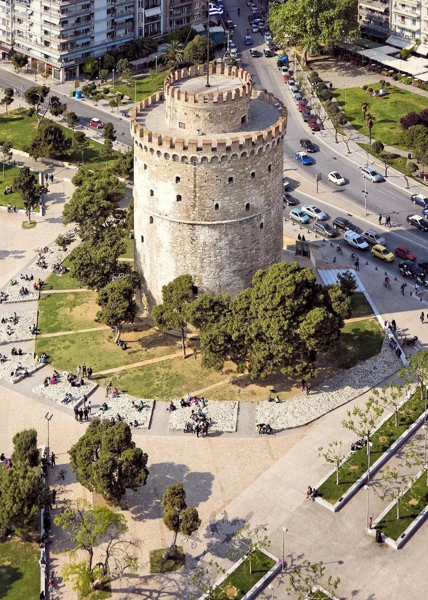 Aerial view of the White Tower beside Thessaloniki’s waterfront