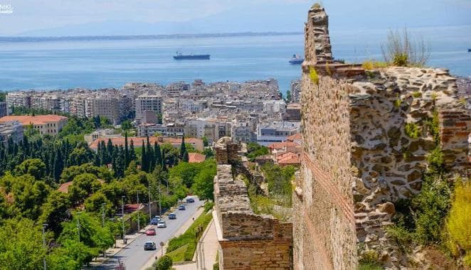 View over Thessaloniki and the sea from the upper city walls