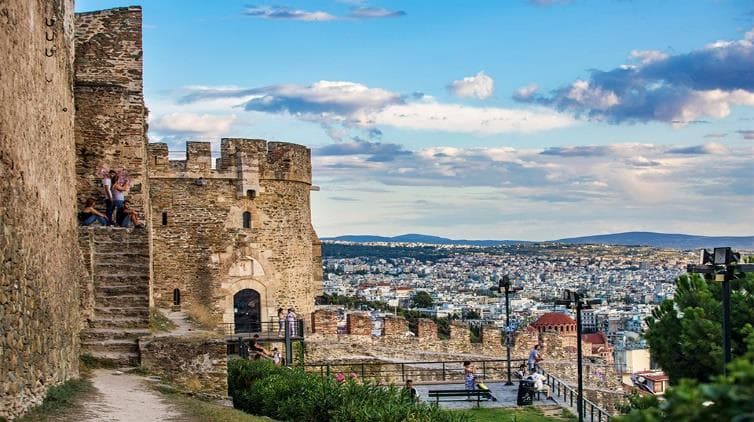 Historic stone walls overlooking Thessaloniki and the Thermaic Gulf