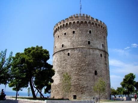 Close view of the round stone White Tower in Thessaloniki