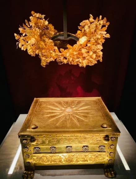 An ancient gold wreath displayed at the royal tombs of Aigai