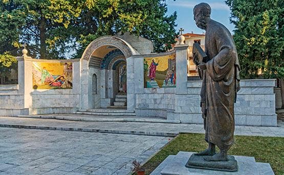 A statue of the Apostle Paul beside the memorial altar in Veria, Greece
