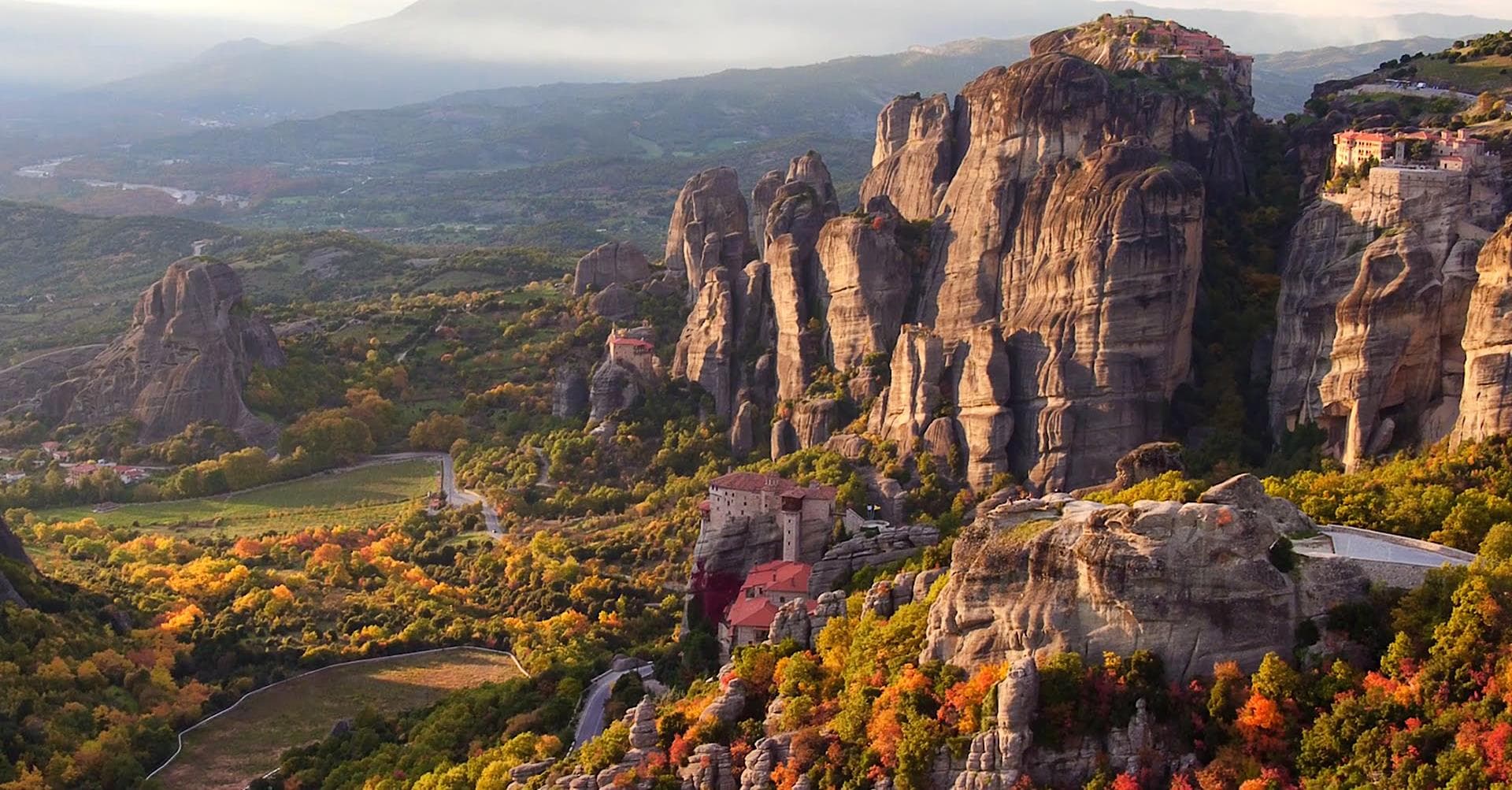Meteora monasteries and sandstone pillars above the Thessaly landscape