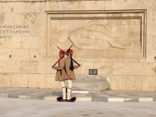 An Evzone guard standing at the Tomb of the Unknown Soldier in Athens