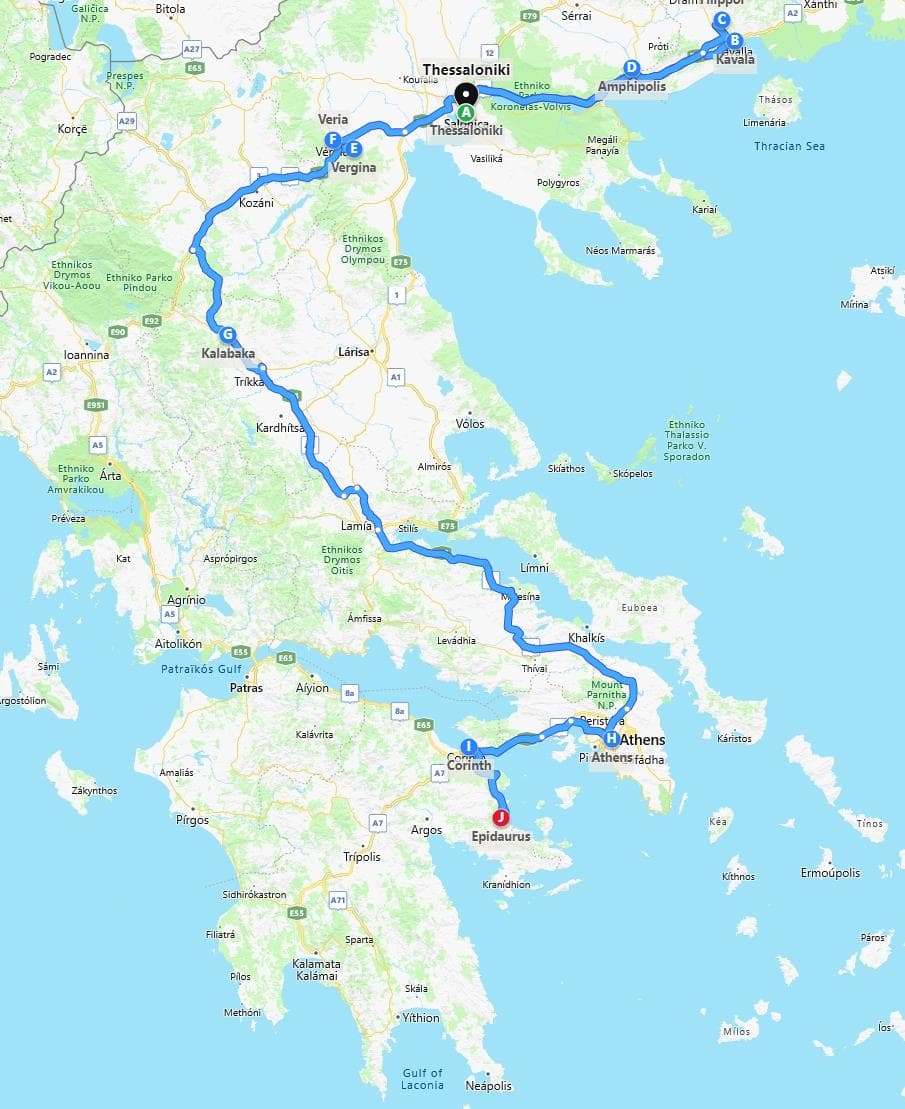 Map of Greece marking the Footsteps of Saint Paul route from Thessaloniki to Athens