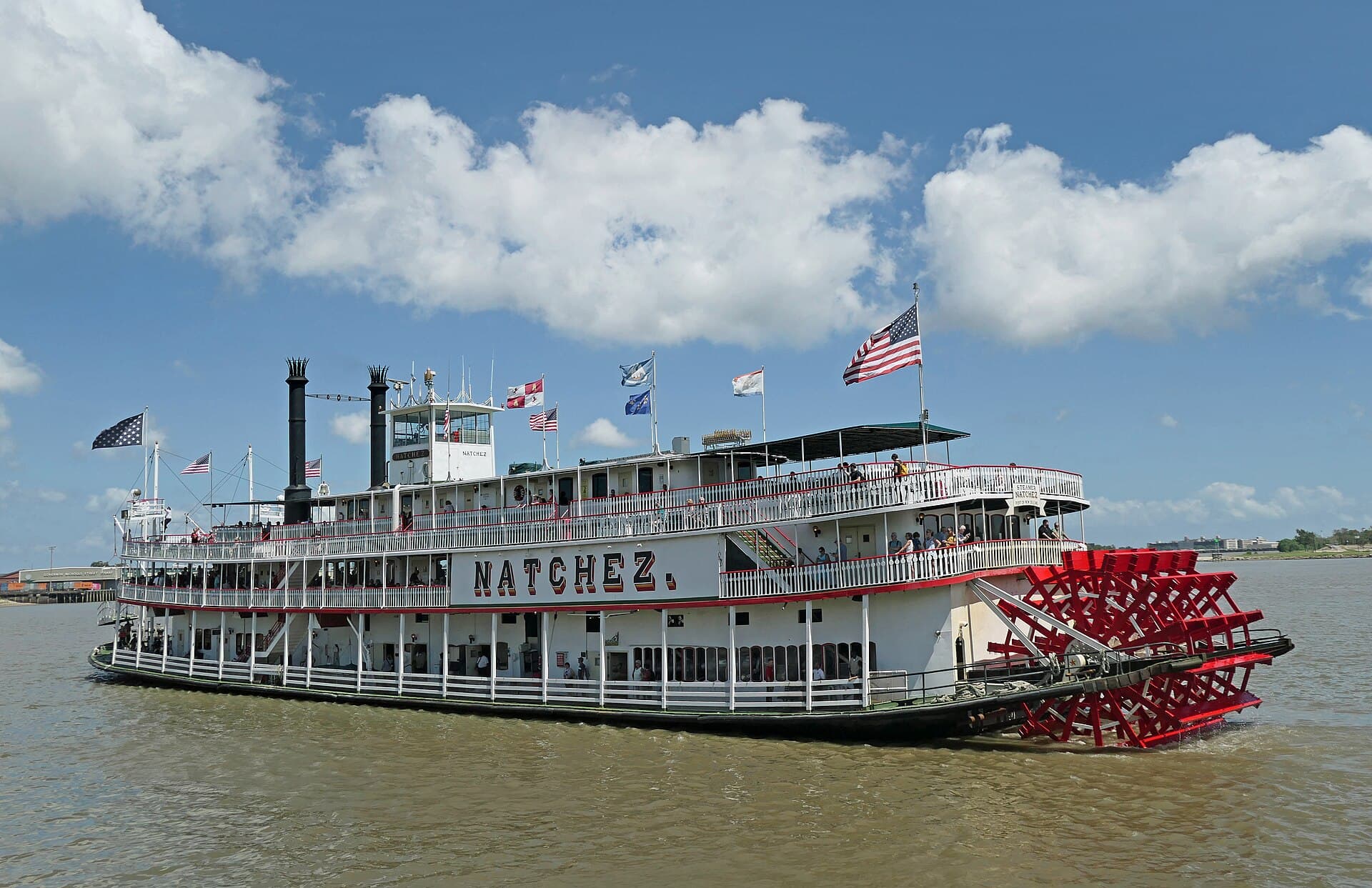 Steamboat Natchez paddlewheeler cruising the Mississippi River