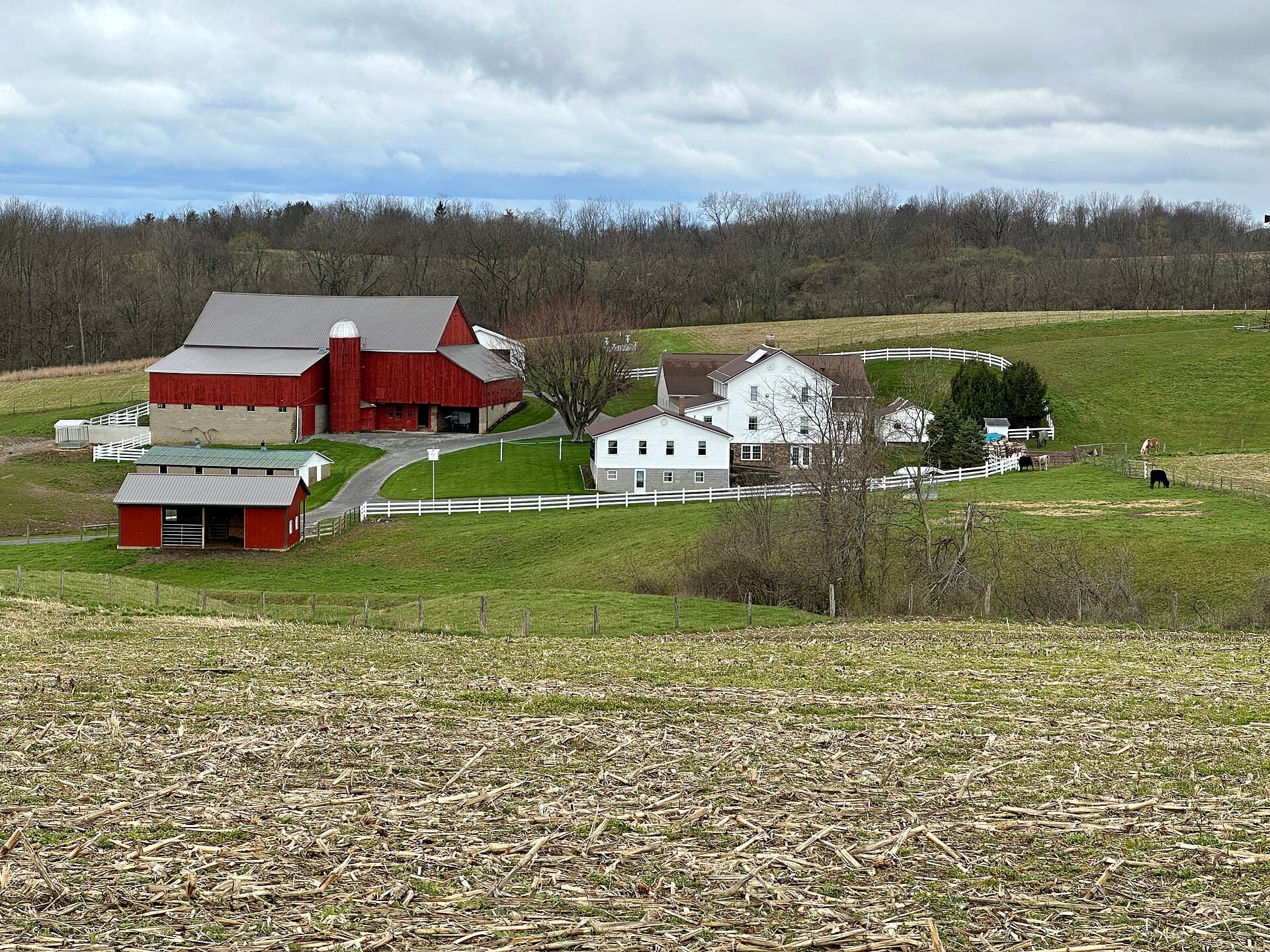Red barn and white farmhouse on an Amish farm in Holmes County, Ohio