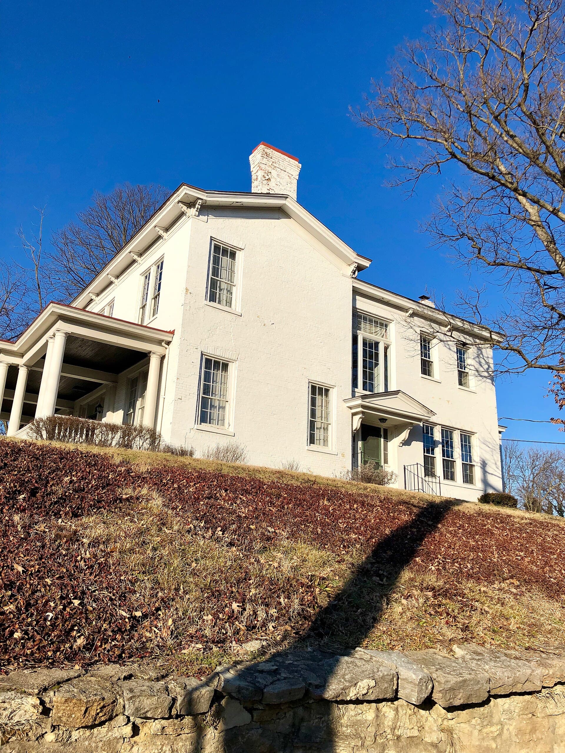 The white brick Harriet Beecher Stowe House on its hillside in Walnut Hills, Cincinnati