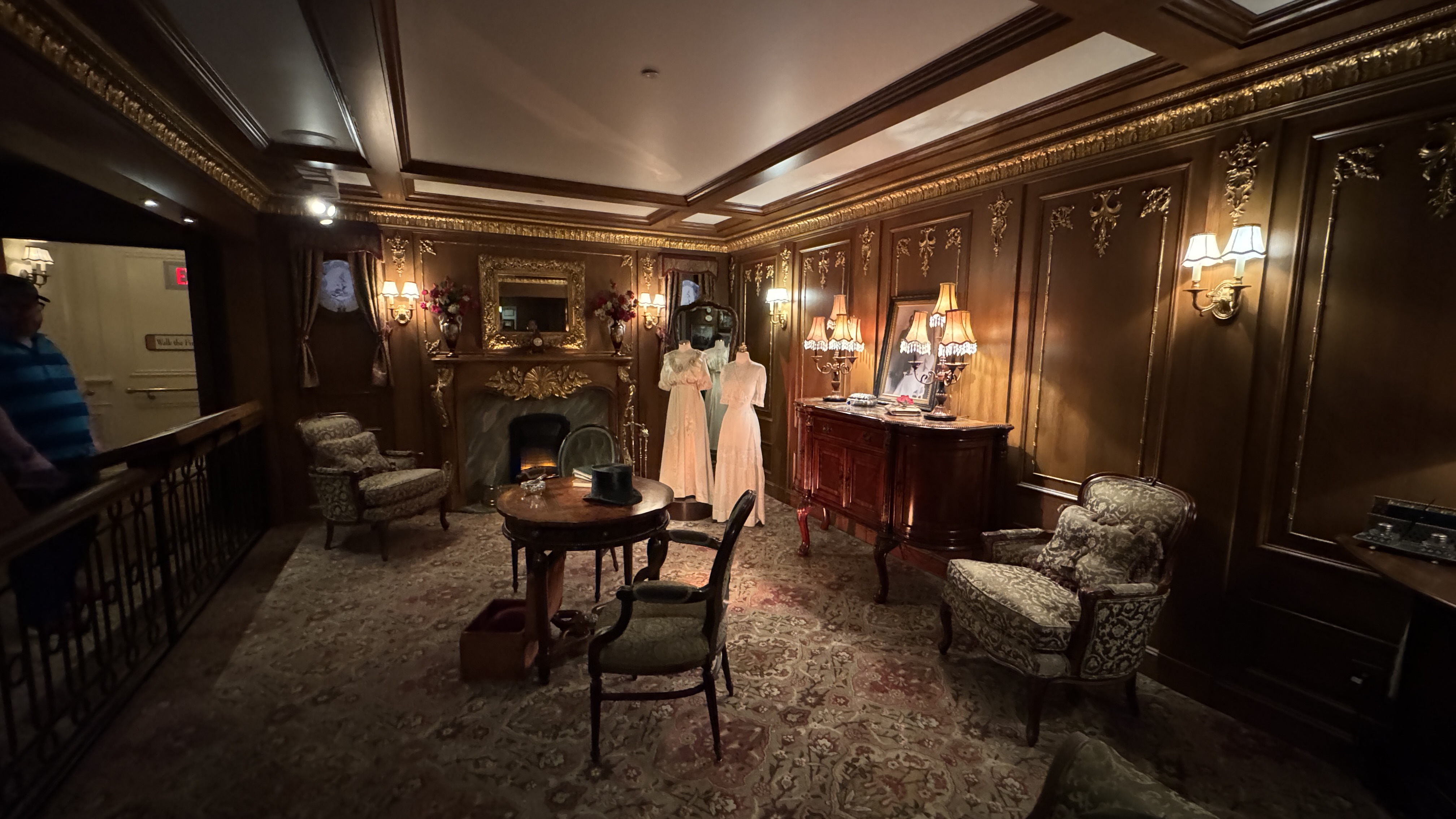 A richly detailed first-class room recreated inside the Titanic Museum Attraction