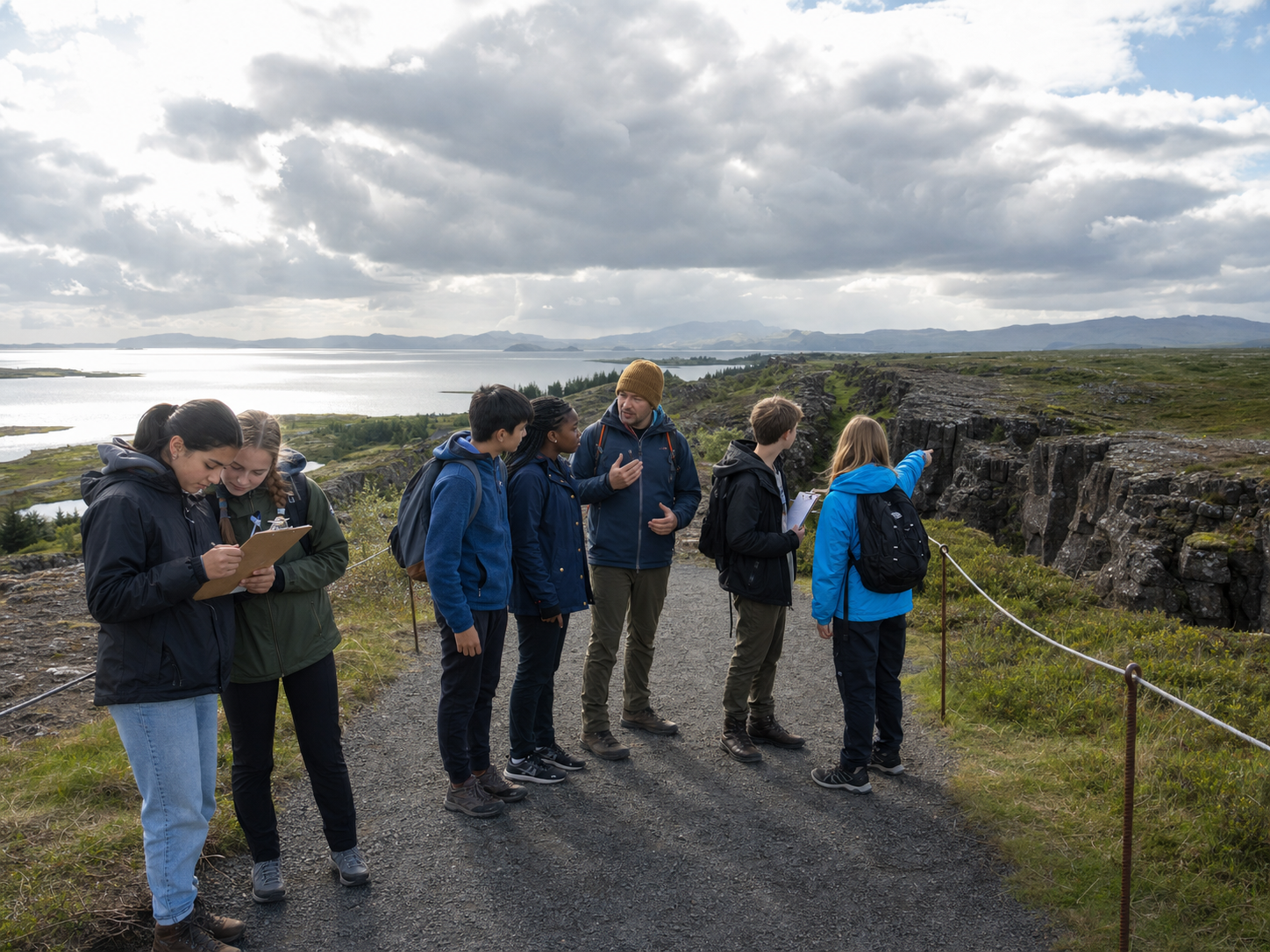 Middle and high school students taking field notes beside the Almannagjá rift at Þingvellir